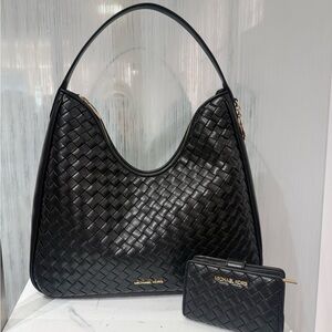 New set Michael kors Nayla Medium Woven Shoulder Bag moss and Jet Set Wallet
